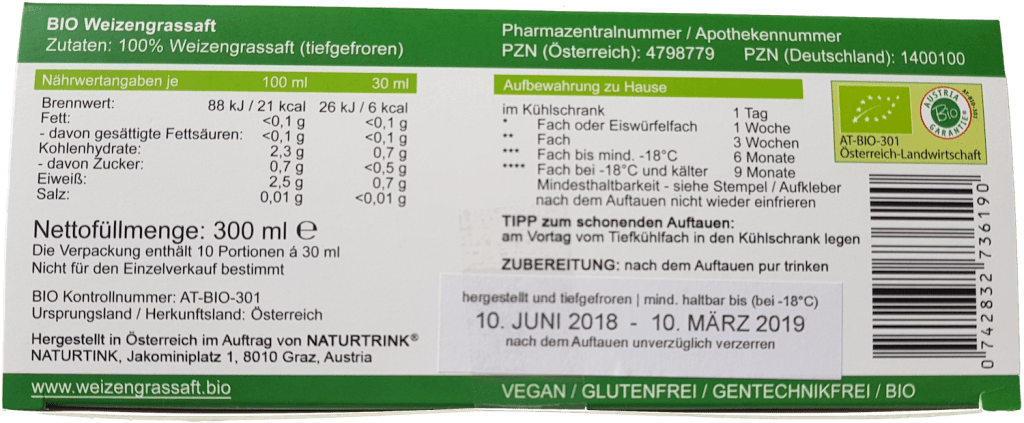 Nährwerttabelle Weizengrassaft Verpackung